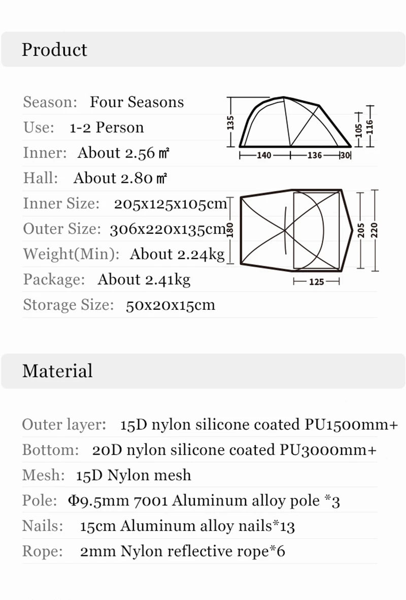 Naturehike Camping Tent Ultralight Silicon Coated Outdoor 4 Season Tents Waterproof 15D Nylon Double Layer 2 Person Hiking Tent