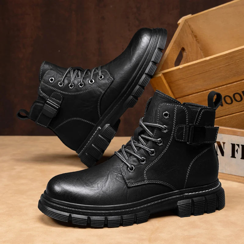 Outdoor Leather Ankle Boots Fashion Lace Up Motorcycle Boots Non-Slip Male Comfortable Botas 2025 New Arrival Men High Top Shoes