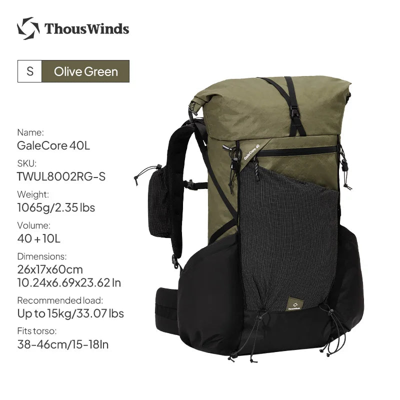 ThousWinds GaleCore 40+10L Lightweight Hiking Backpack Dyneema Trekking Pack Waterproof Bagpack