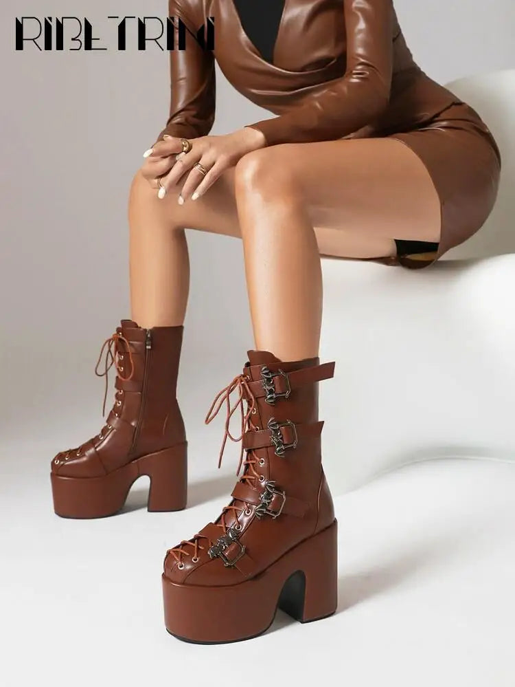 Punk Goth Women Motorcycle Boots Block High Heels Platform Shoes  Woman 2024 New Brand Luxury Fashion Design Cool Street Boots