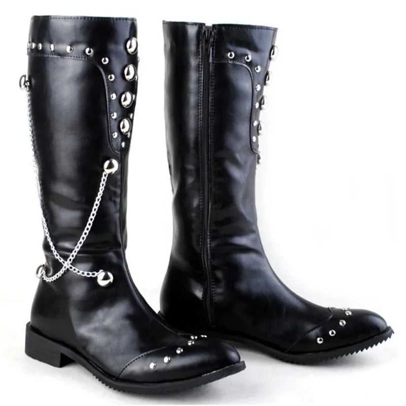Men Motorcycle Leather Boots,Black Fashion Stage Boots Punk Over Knee High Boots Waterproof Snow Boots Equestrian Gothic Boots