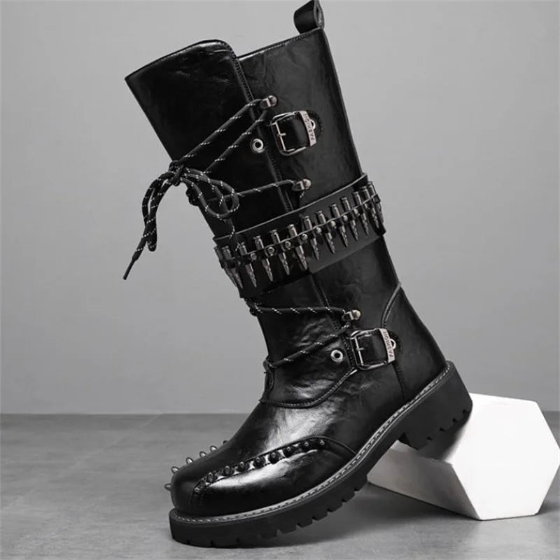 Round Toe Metal Decorations Belt Buckle men Boots Thick Sole Flats Black Zipper Fashion Punk Gothic  Equestrian Motocycle Boots