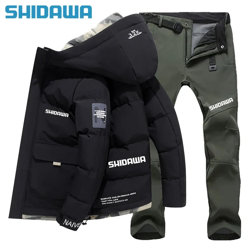 New Men suit Autumn Winter Warm Fishing Clothes Set Casual Thickened Hooded Down Cotton Jacket + Fleece Waterproof Fishing Pants