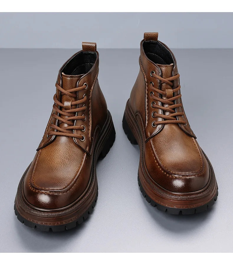 2025 Autumn Winter New Platform Boots for Men Keep Warm Fashion Casual Ankle Boot Male Solid Color Outdoor Cow Leather Shoes Man