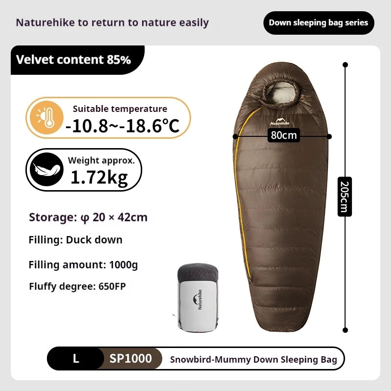Naturehike Snowbird Sleeping Bag 650FP Duck Down Winter Warm Outdoor Camping Ultralight Hiking Mummy Sleeping Bag -18.6°C~3.8°C