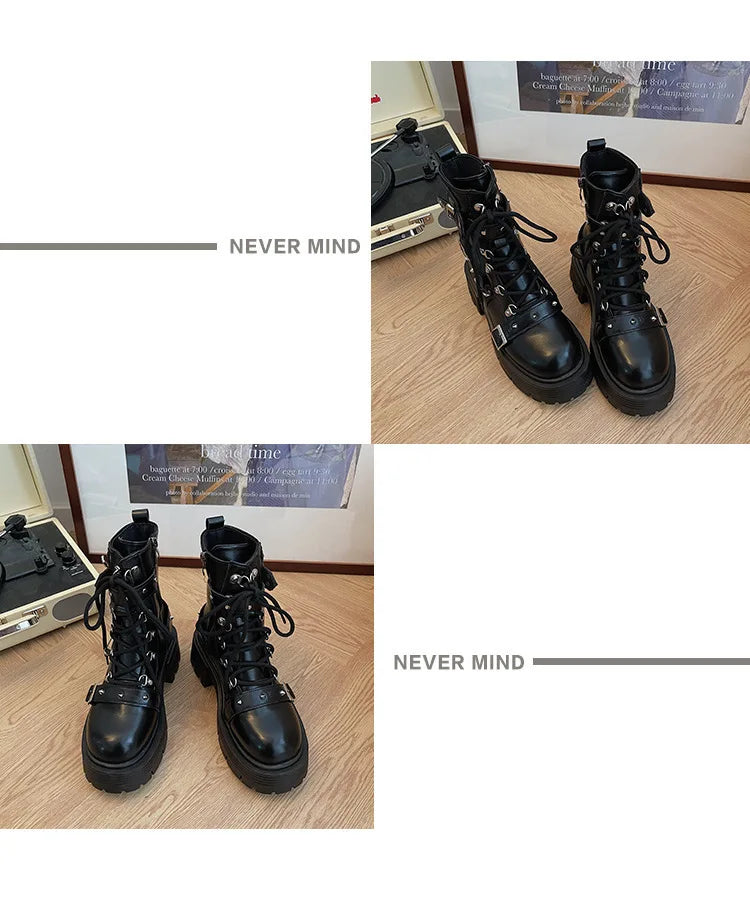 Women's Motorcycle Short Boots Rivet Chain Design Gothic Shoes Street Fashion Lady Rock Boots Metal Decor Punk Style Women Shoes