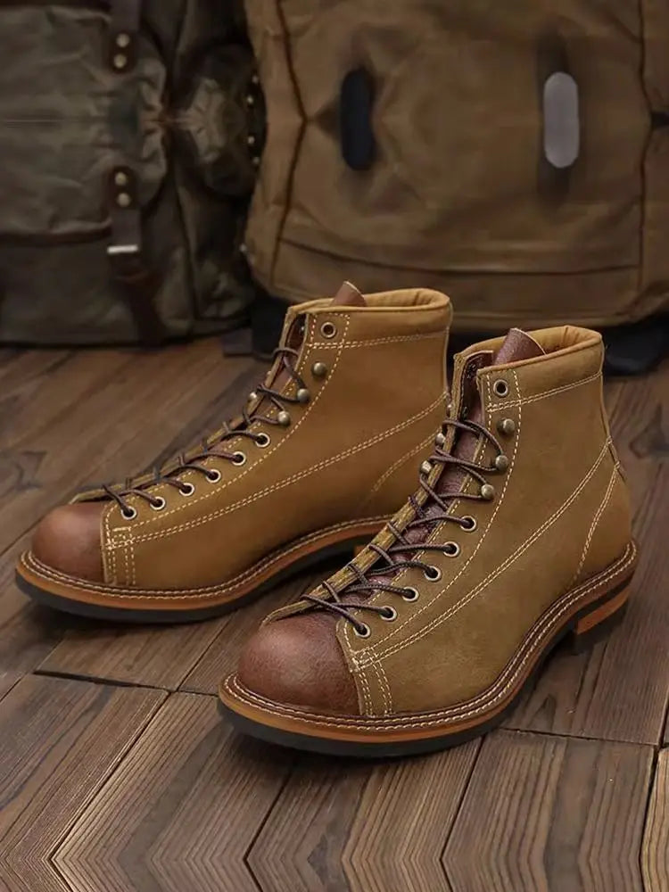 KOWM cowhide Hiking shoes men's trekking boot British ankle casual sneakers trekking shoes thick soled high top motorcycle boots