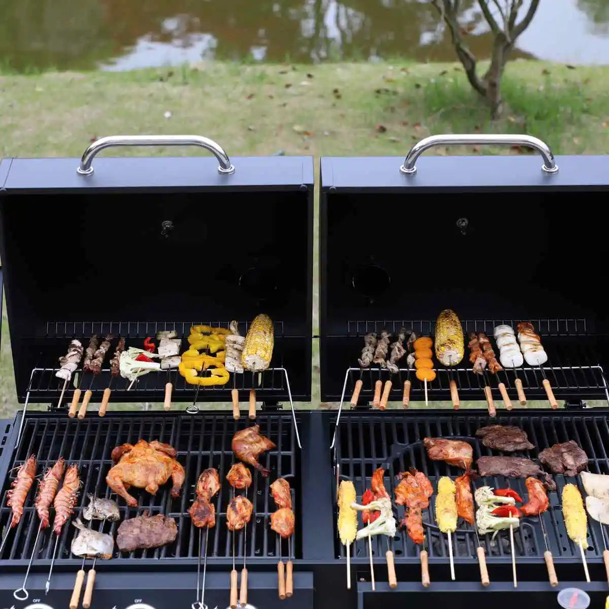 Grill Burner Gas & Charcoal Outdoor with Side Smoker Coated Finish for Family Gatherings