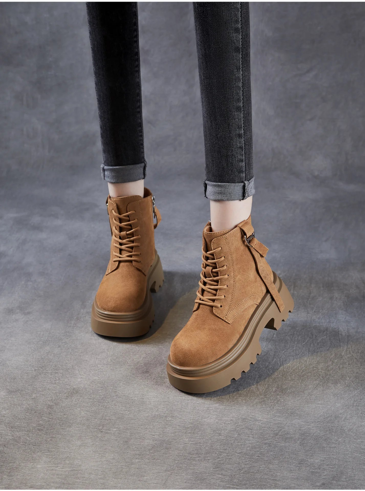 6.5cm Cow Suede Genuine Leather Women Booties Elthnic Pumps Comfy Ankle Knee High Spring Motorcycle Shoes Flats Platform Wedge