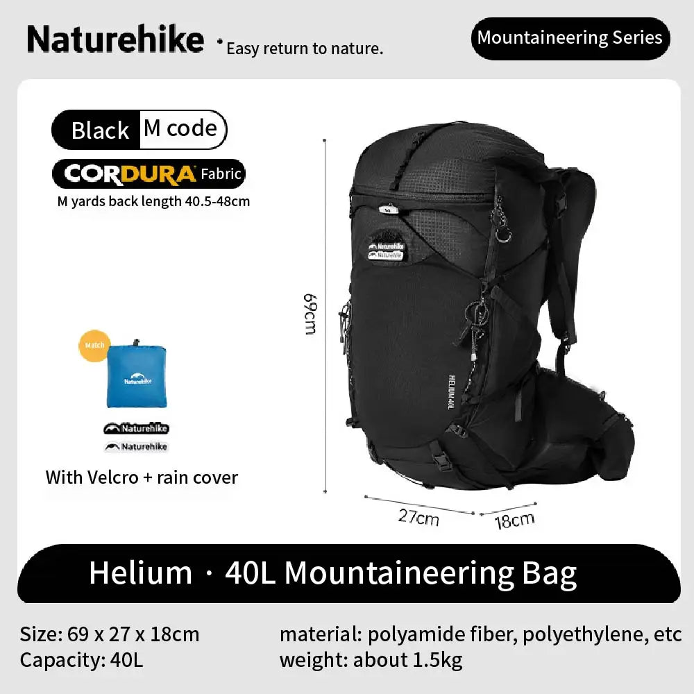 Naturehike Helium Series 40L Hiking Backpack Waterproof Wear Resistant Outdoor Travel Sport Climbing Shoulder Bag With RainCover