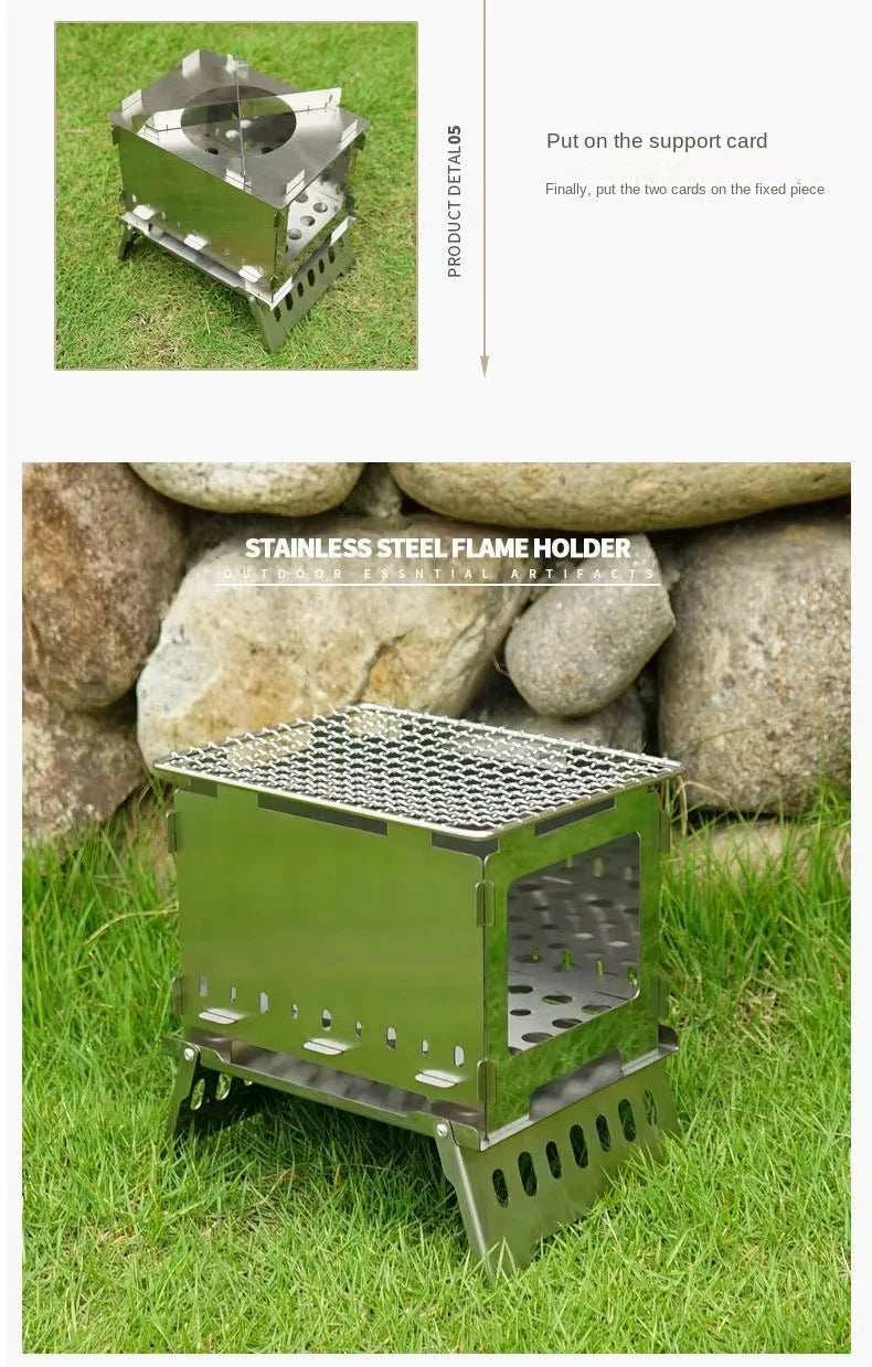 Stainless Steel Folding Camping Stove,Portable Outdoor Barbecue Grill Firewood Stove Folding Stove Burning BBQ Tools Fire Table