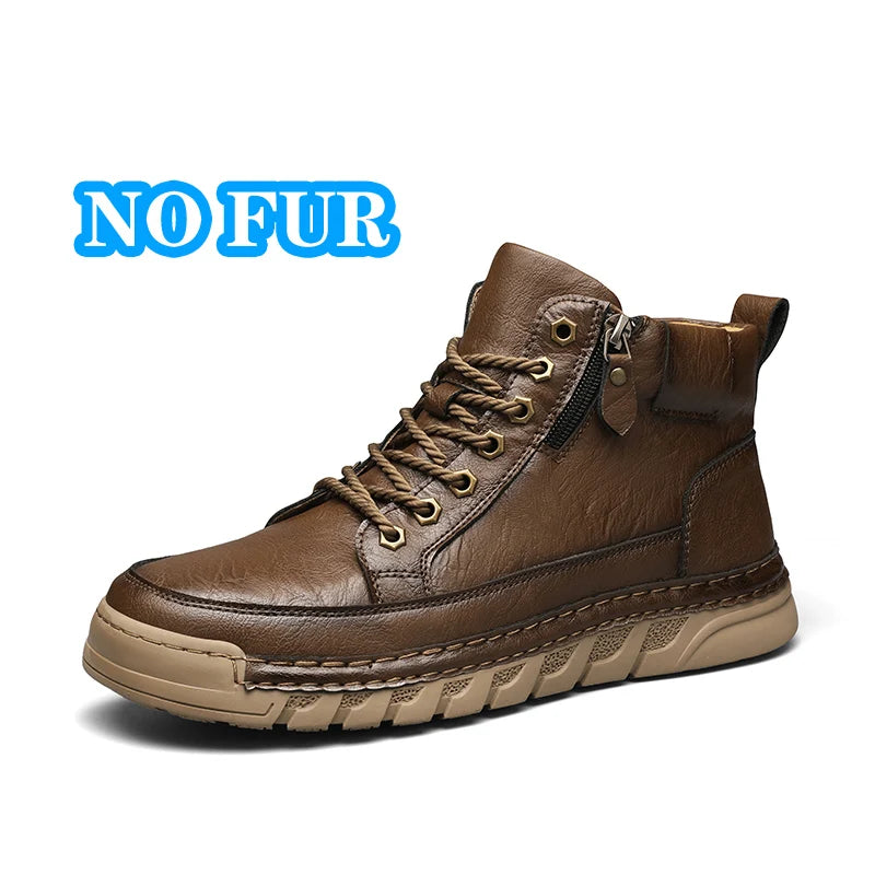 Men's High Top Leather Ankle Boots Comfortable Motorcycle Boots Non Slip Walking Training Shoes Botas Outdoor Treking Footwear