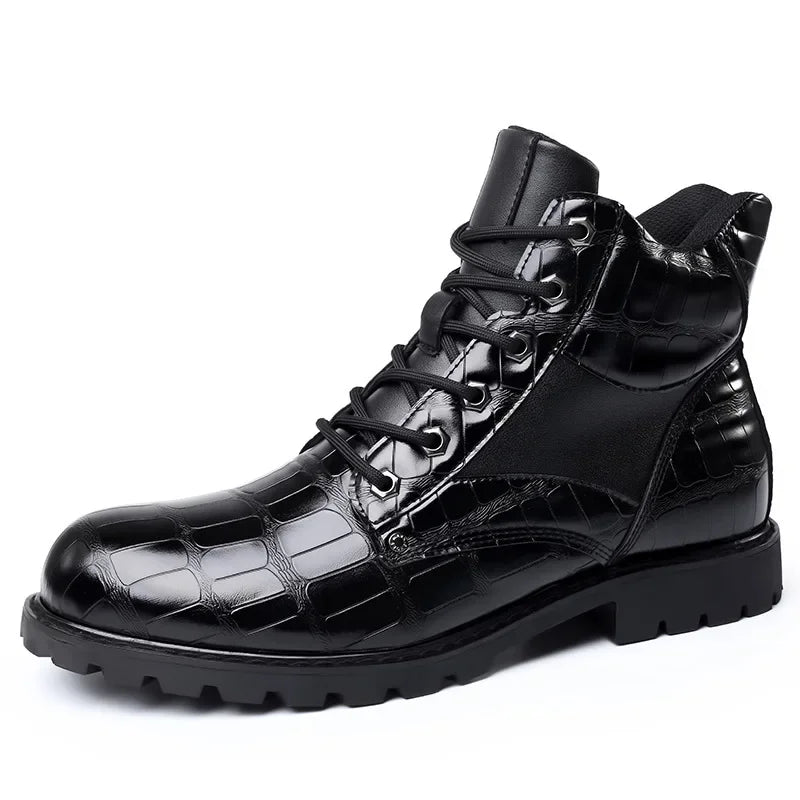 Size 38-48 Classic Design New Men's Ankle Boots Handsome Thick Sole Patent Leather Crocodile Lines Men's Short Motorcycle Boots