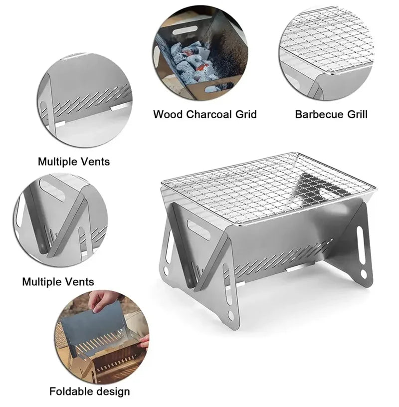 Portable Folding Barbecue Grill Heating Stoves Multifunction Camping BBQ Grill Rack Net Firewood Stove Stainless steel BBQ Grill