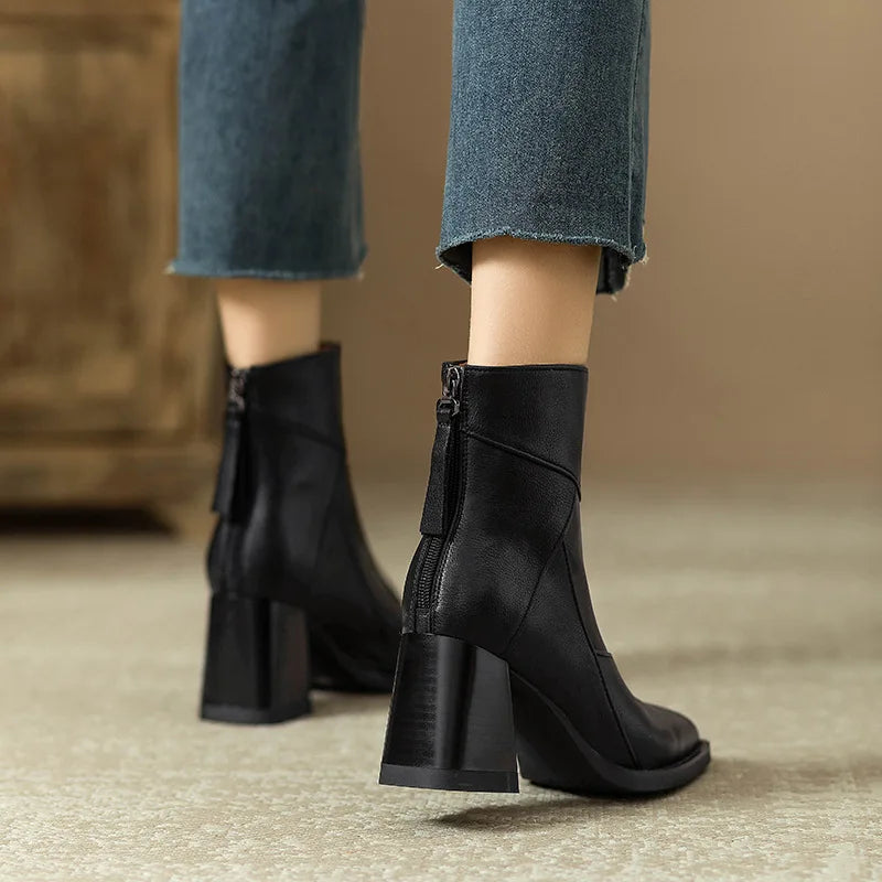 Woman Chunky Ankle Boots Women Zipper Retro Brown Soft Leather Short Boot Autumn New Square Toe Casual High Heel Booties Mujer