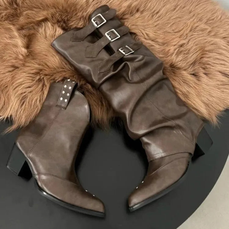 High Quality Wasteland Punk Y2k Gothic Style Vintage Motorcycles Western Boots for Women Black Rivets Knee High Boot Shoes