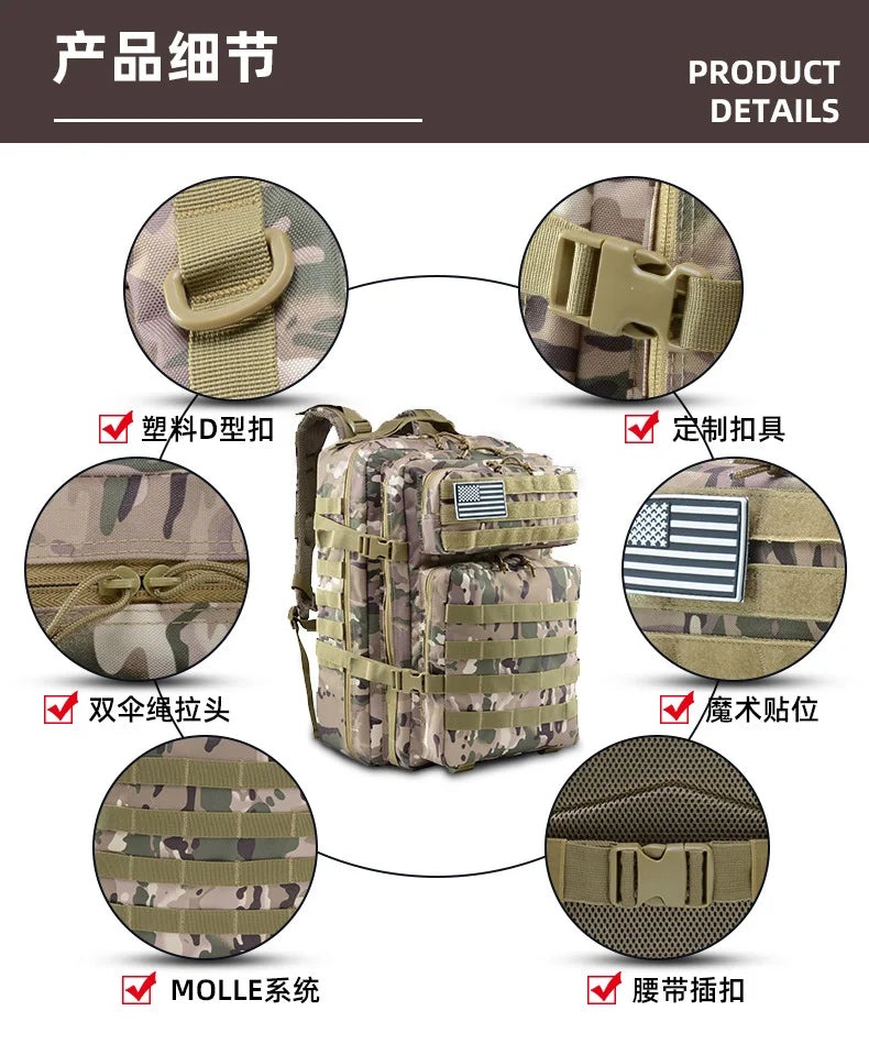 50L 1000D Nylon Waterproof Tactical Military Backpack 3 Day Assault Pack Molle Bag Outdoor Hiking Climbing Camping Army Rucksack
