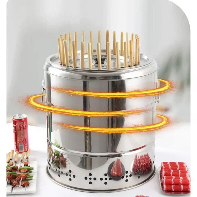 Smokeless Barrel BBQ Grill, Charcoal Rotisserie for Home, Commercial, Outdoor Meat Skewer, Portable Roaster