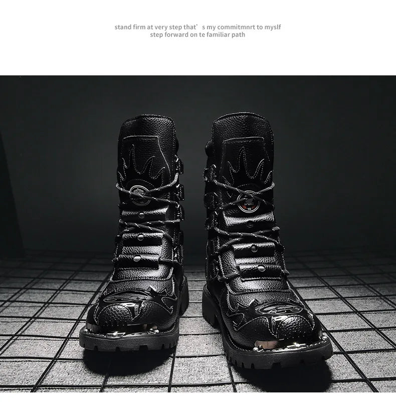 Men Motorcycle Boots Fashion Mid-Calf Punk Rock Punk PU Leather Black High Top Mens Casual Boot Steel Toe Shoes Big Size 38-46