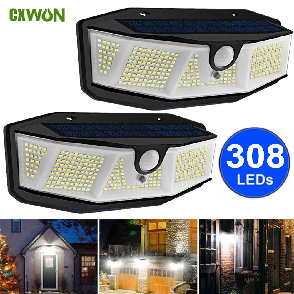 308 LED Solar Porch Light Waterproof Outdoor with Motion Sensor Light SunLight 3 Modes Street Wall Lamp LED Spotlight for Garden