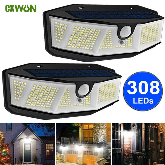 308 LED Solar Porch Light Waterproof Outdoor with Motion Sensor Light SunLight 3 Modes Street Wall Lamp LED Spotlight for Garden
