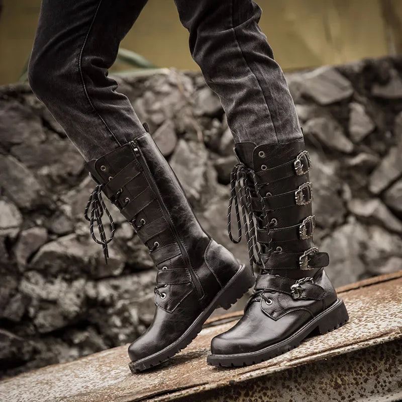 Winter Men's Boots Mid Calf Basic Outdoor Boots Metal Decoration Korean Style Trendy British High Top Military Boots Men's Shoes