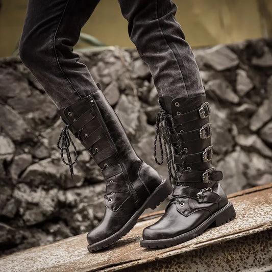 Winter Men's Boots Mid Calf Basic Outdoor Boots Metal Decoration Korean Style Trendy British High Top Military Boots Men's Shoes