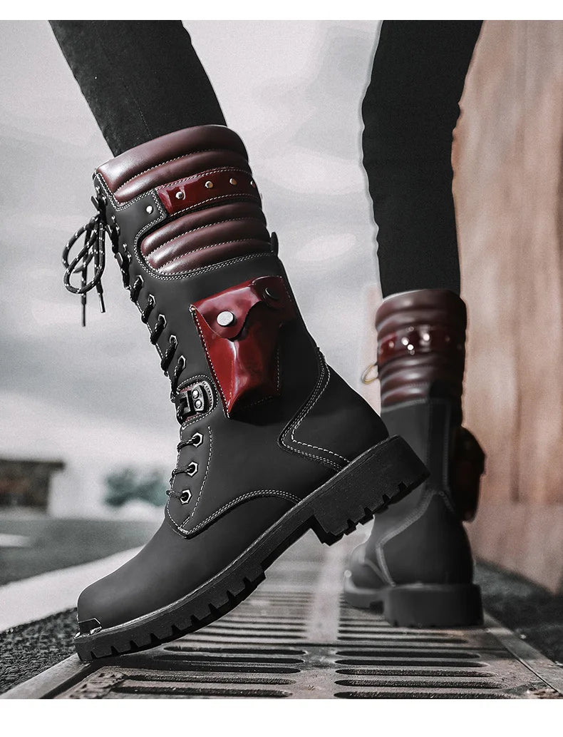 Men Motorcycle Boots Fashion Mid-Calf Punk Rock Punk PU Leather Black High Top Mens Casual Boot Steel Toe Shoes Big Size 38-46