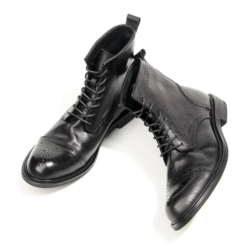US 6-10 Business Man Mature Office Carving Brogue Shoes Men's Cowhide Top Layer Retro Genuine Leather Suit Boots