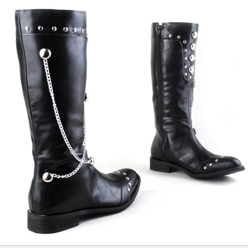 Men Motorcycle Leather Boots,Black Fashion Stage Boots Punk Over Knee High Boots Waterproof Snow Boots Equestrian Gothic Boots