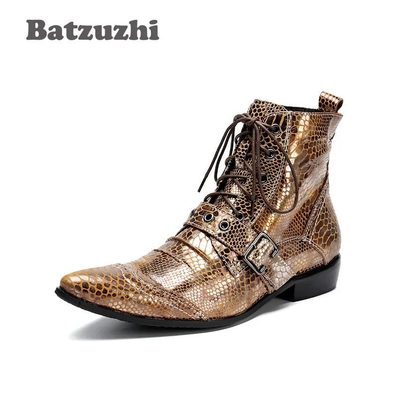 NEW Western Punk Men Boots Ankle Golden Leather Short Boots Rock Winter Autumn Motorcycle Boots Men botas hombre,US6-12