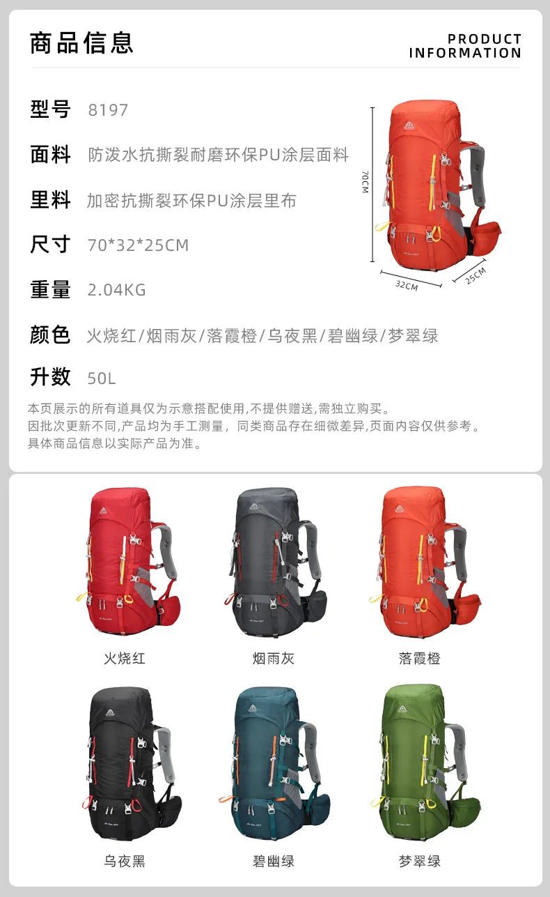 50L Outdoor Hiking Backpack Large Capacity Climbing Trekking Camping Bag, Durable Outdoor Backpack for Men Women Travel