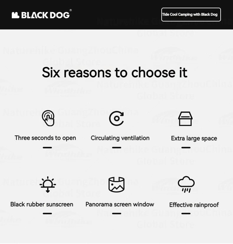 Naturehike BLACKDOG Automatic One-touch Tent Quick Open Two Door Four Window Camping Outdoor Black Coated Waterproof Thickened