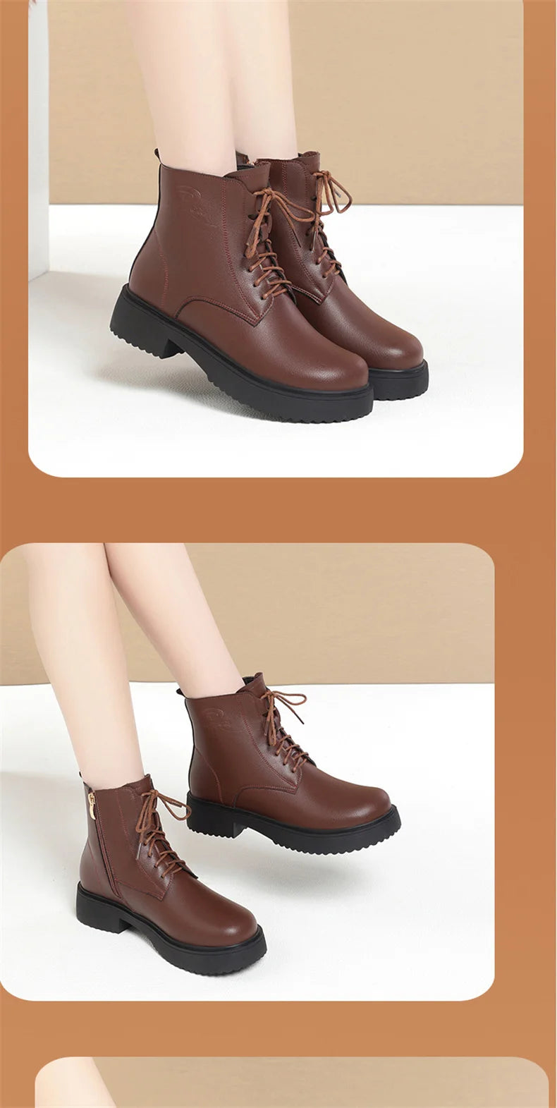 Women Winter Warm Velvet Ankle Boots Lace up Soft Leather Thick Bottom New Fashion Anti-slip Motorcycle Short Boots