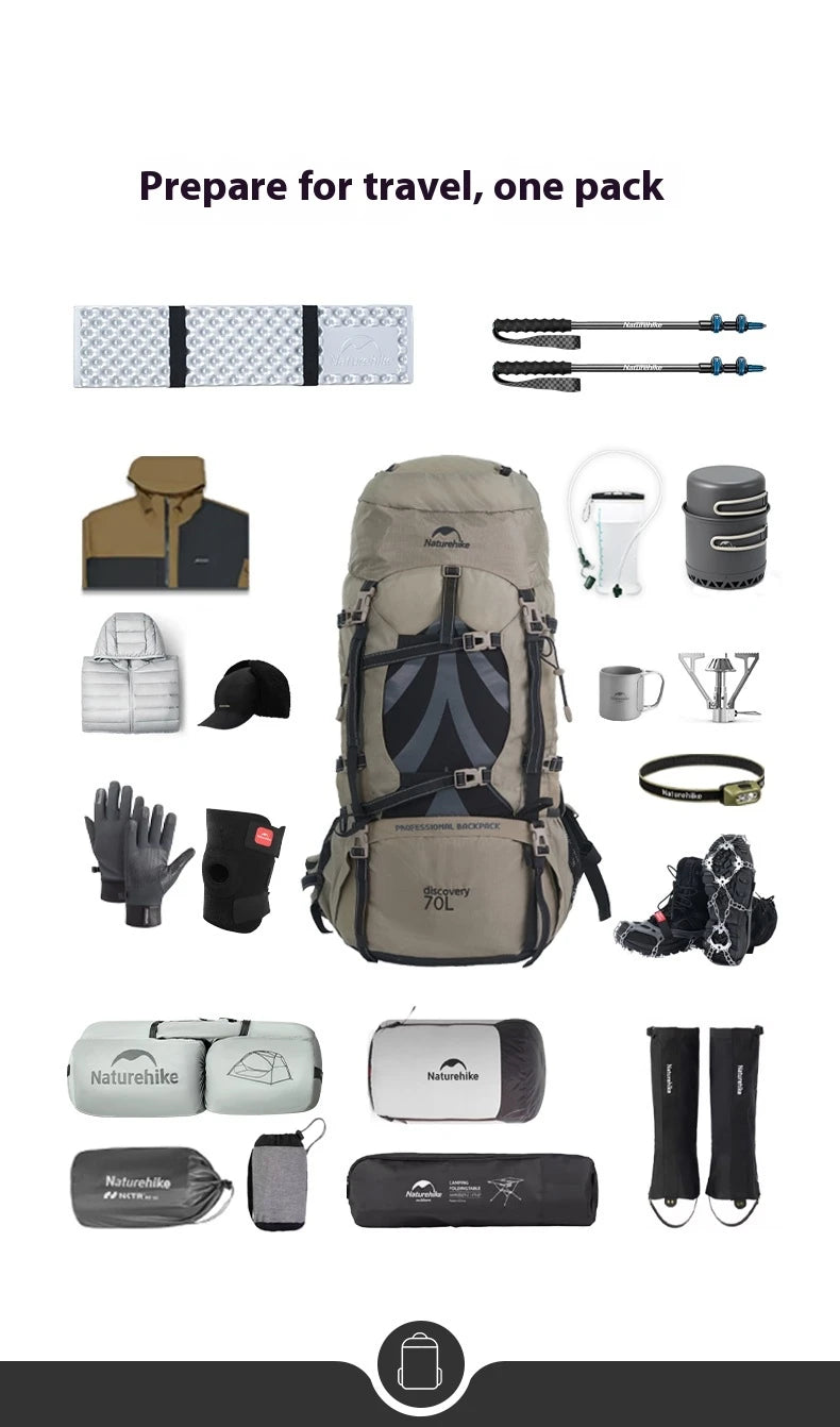 Naturehike Hiking Backpack Waterproof 70L + 5L Lightweight Mountaineering Hiking Outdoor Camping Trekking Bag with Rain Cover