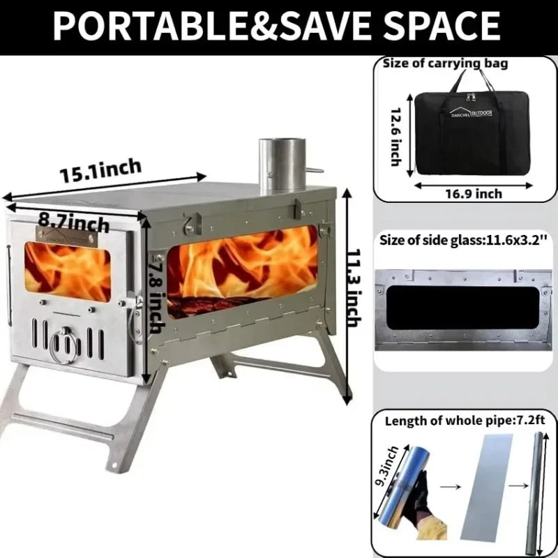 Stainless Steel Portable Tent Stove Foldable with Side Glass Chimney Burner Camping Wood Stove Heating Cooking Grill