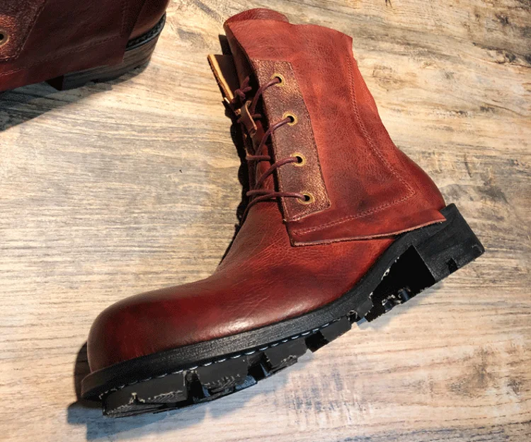 Handmade Vintage Round Toe Mens High Top Work Safety Shoes Cowhide Genuine Leather Ankle Boots Lace Up Motorcycle Riding Boots