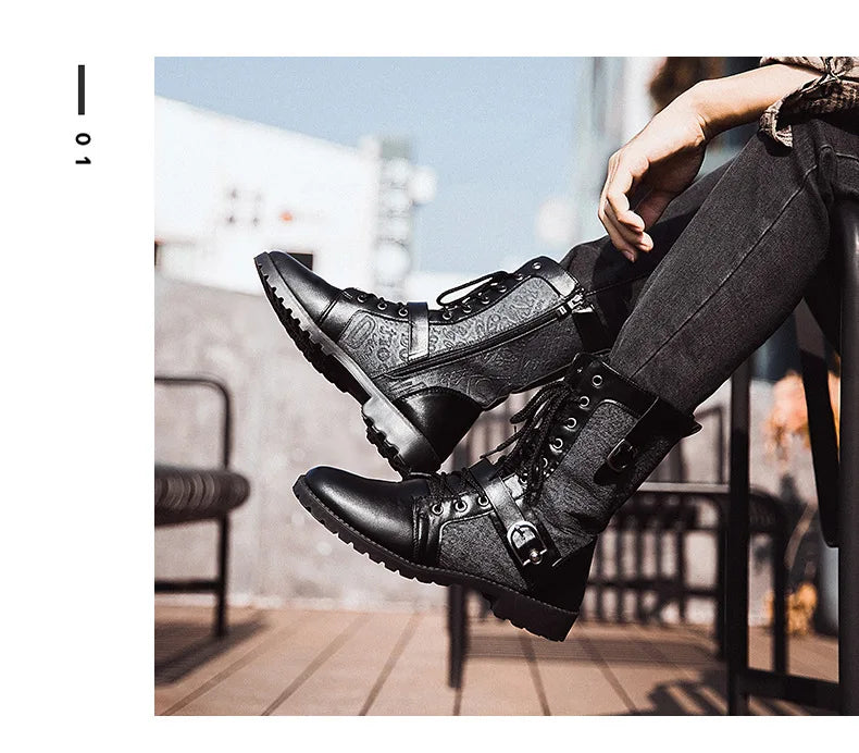 Retro Mid-Carf Punk Boots Winter Men's Plus Velvet Motorcycle Boots All-match Tooling Shoes Denim Mid-high Boots Men botas mujer