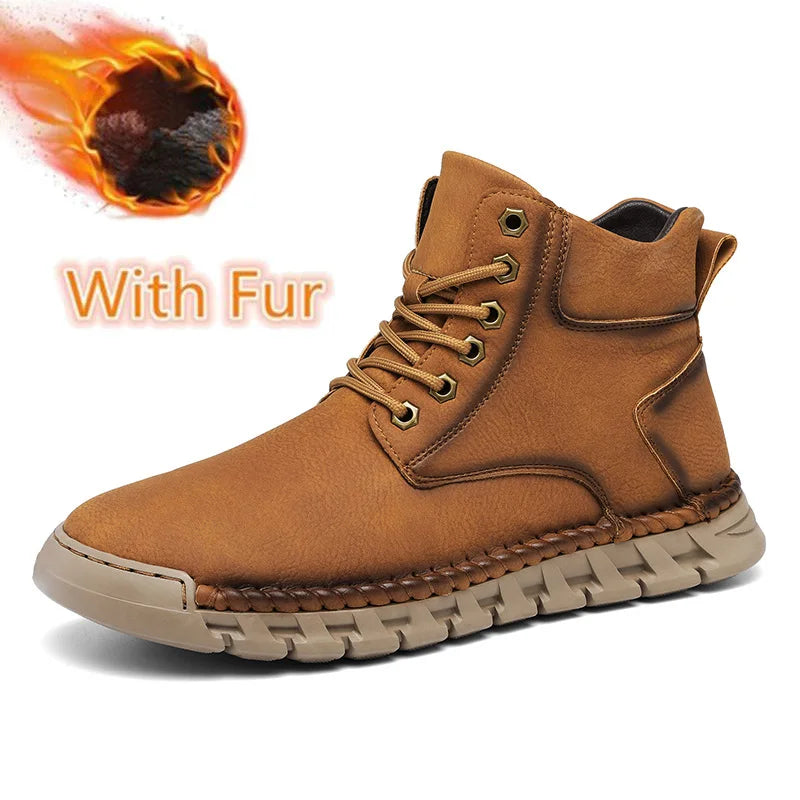 Lace-Up Men's High Top Shoes Classic Winter Men Ankle Boots Version Casual Motorcycle Boots Male Winter Plush Snow Leather Botas