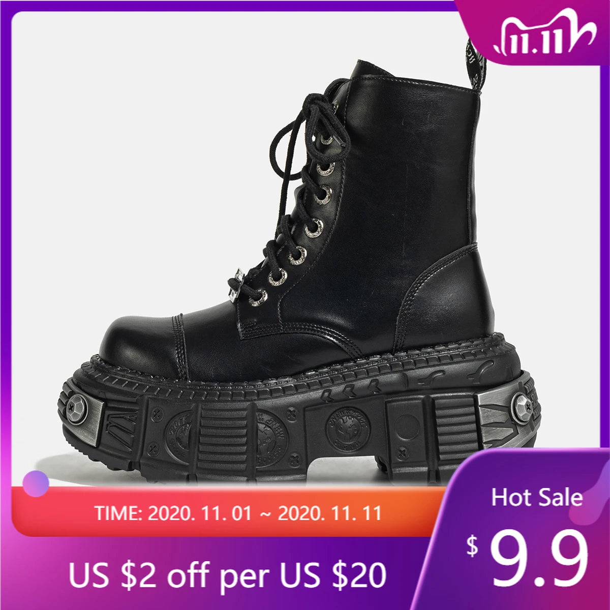 2025 Autumn and Winter New Dark Punk Metal Lace-up Women's British Style Raise the Bottom Zipper Machine Car Boots