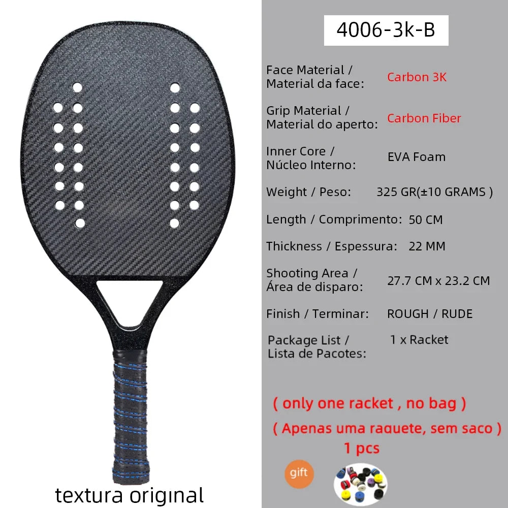 New 18K 12K 3K Full Carbon and Glass Fiber Beach Tennis Racket Matte Face Tennis Racquet