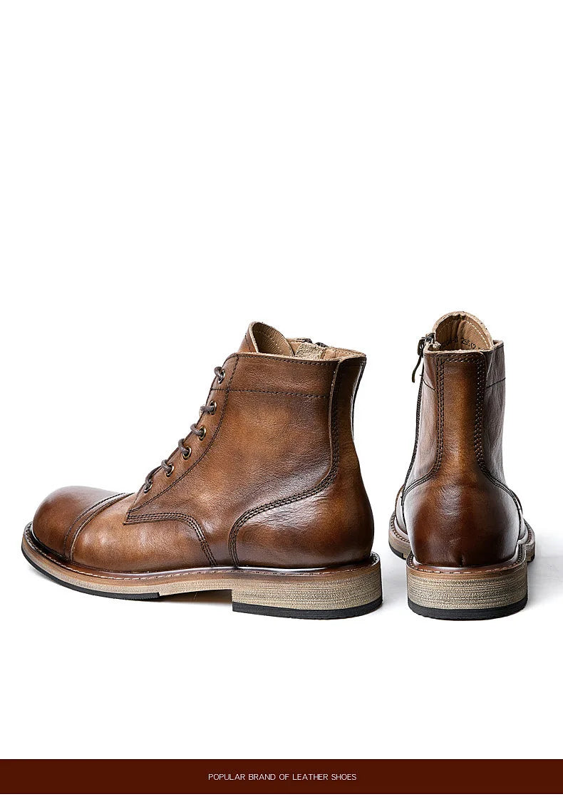 EU Size 38-44 Motorcycle Boots Men Cowhide Motorbike Ankle Boots Thick Soled High Top Western Work Boots Fashion Leather Shoes