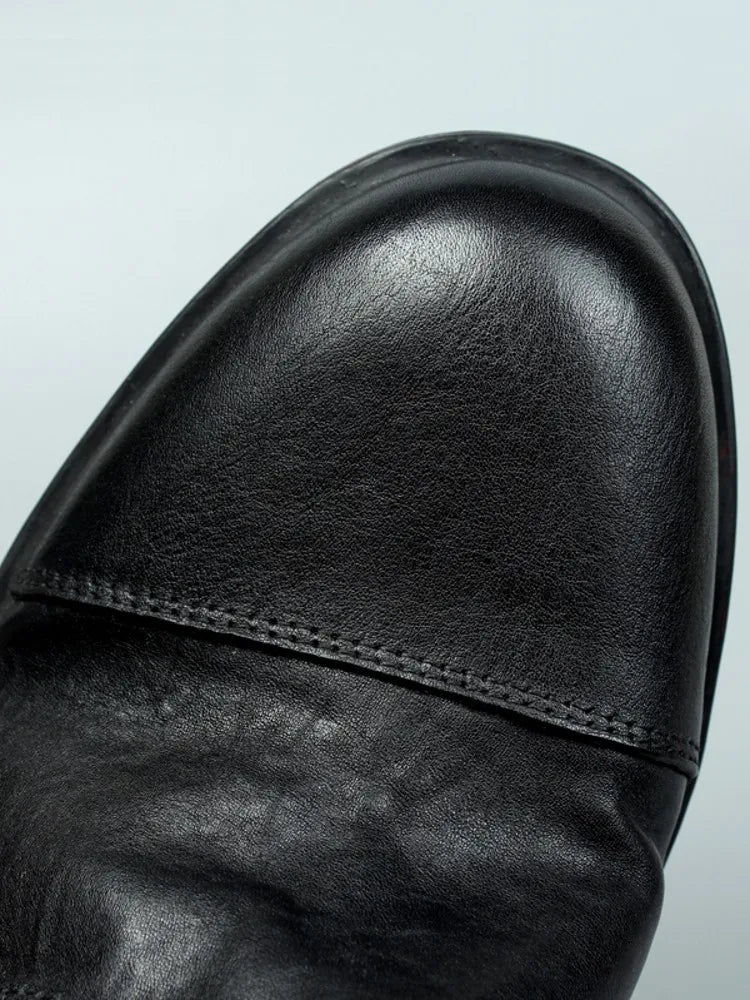 Vintage Mens Cowhide Genuine Leather Riding Ankle Boots Lace Up High Top Work Shoes Vintage Round Toe Autumn Moto Biker Boots