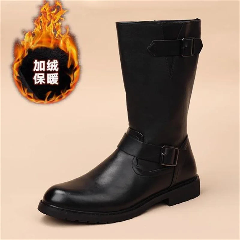Men Fashion Leather Motorcycle Boots Mid-calf Warm Boots Black Gothic Belt Rivet Punk Rock Boots Tactical Boots 37-45