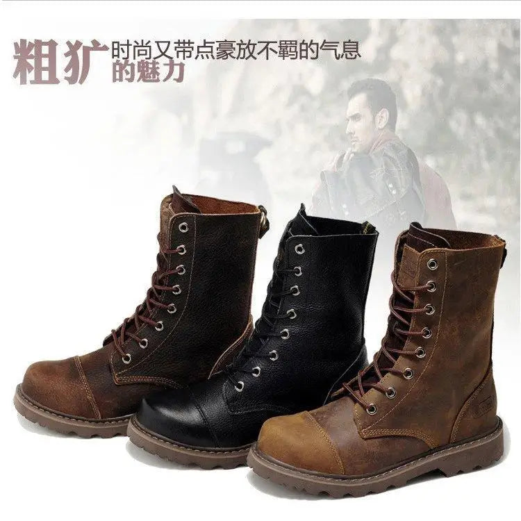 Men's Mid-calf Shoes High Tube Work Shoes Couples Outdoor Motorcycle Boots Large Size Women's Boots Winter Plush Cotton Shoes