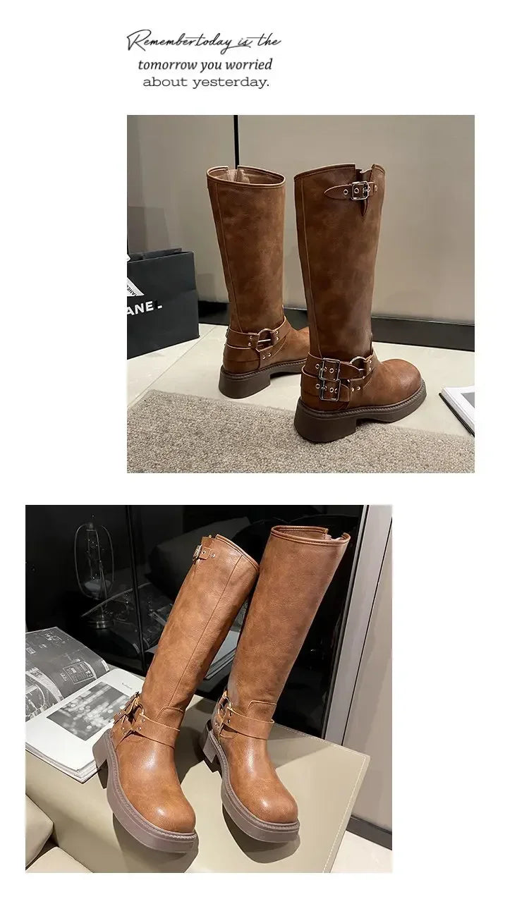 WOMEN'S platform knee-high Knight casual long boots chunky vintage fashion buckle luxury designer Western cowboy woman shoes