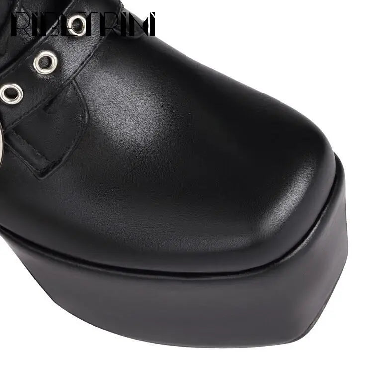 Cool Women Motorcycle Boots High Heeled Knee High Sassy Platform Shoes Lace Up Zip Luxury Designer Brand Winter Street Booties