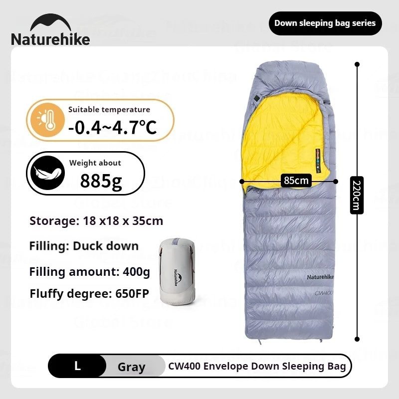 Naturehike CW400 Sleeping Bag Winter 650FP Duck Down Hooded Hiking Sleeping Bag 20D Nylon Waterproof Ultralight Envelope Warm