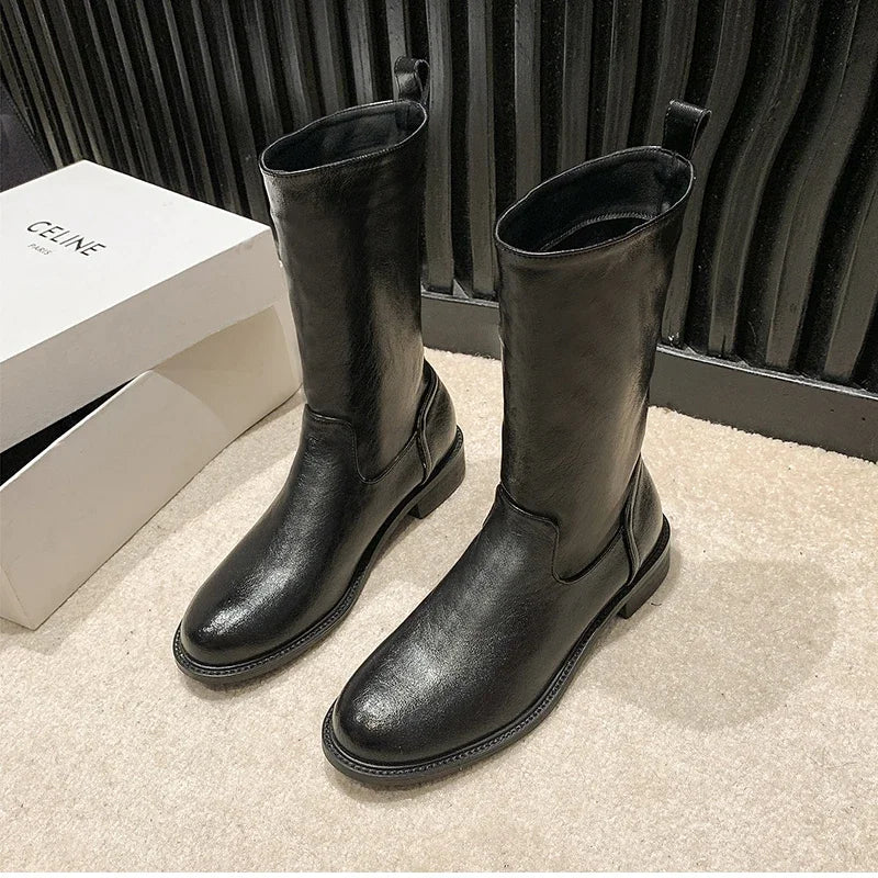 Autumn Winter Women Mid Calf Boots Female Round Toe Slip On Shoes Street Style Motorcycle Botas Mujer