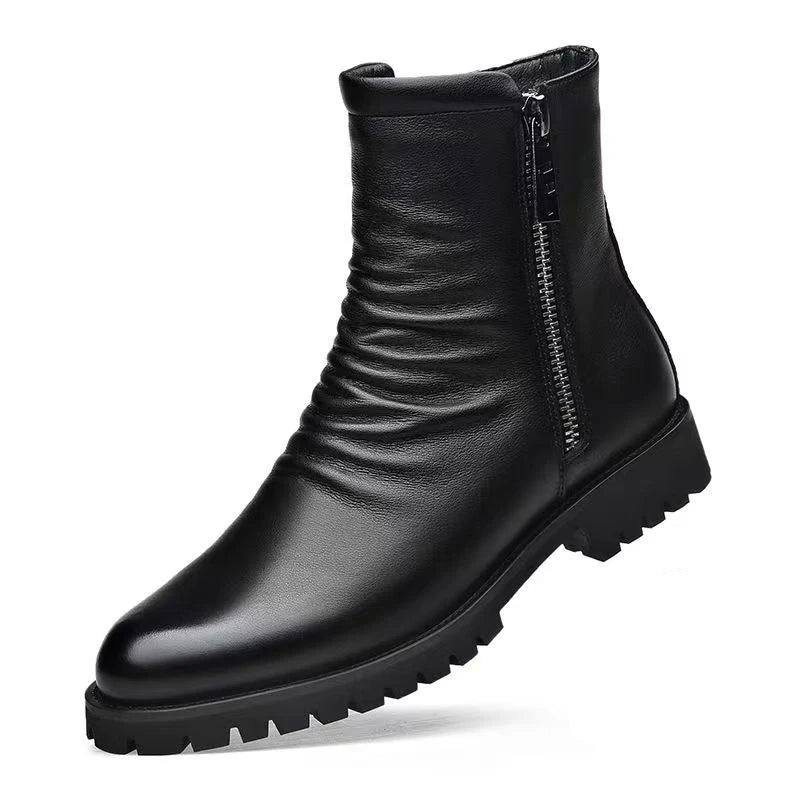 British style mens fashion autumn winter boots black stylish warm wool shoes cowboy genuine leather shoes high motorcycle botas